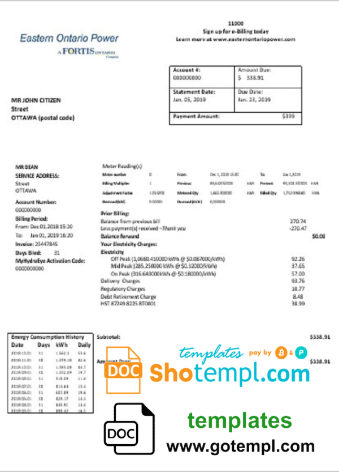 editable template, Canada Eastern Ontario Power utility bill template in Word and PDF format