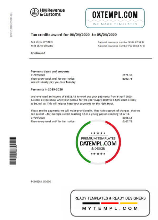 editable template, United Kingdom HM Revenue & Customs bank statement easy to fill template in Word and PDF format