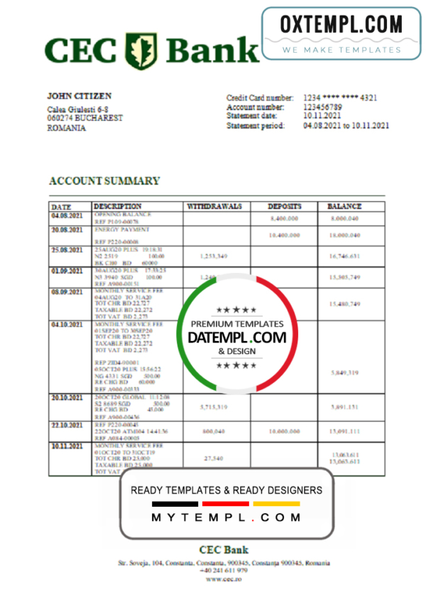 editable template, Romania CEC Bank statement template in Word and PDF format