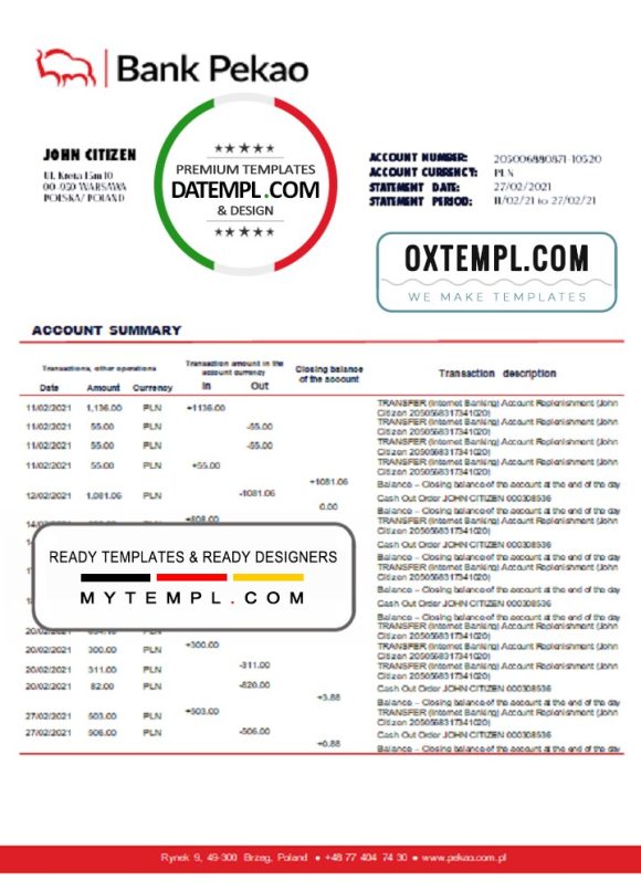 editable template, Poland Bank Pekao S.A bank statement template in .doc and .pdf format, fully editable