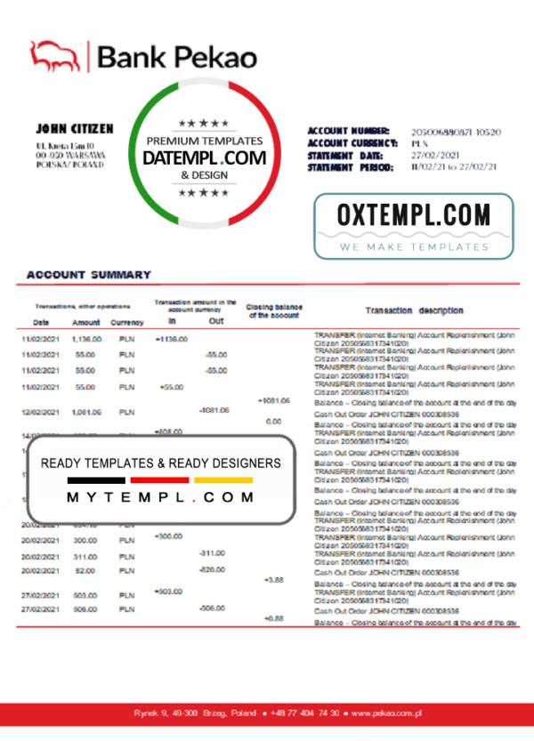 editable template, Poland Bank Pekao S.A bank statement template in .doc and .pdf format, fully editable