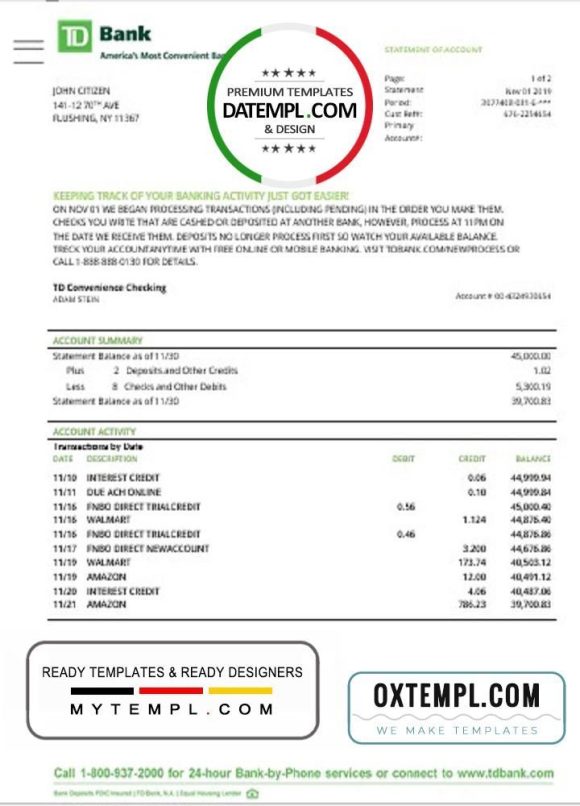 editable template, USA TD bank statement template, Word and PDF format (.doc and .pdf)