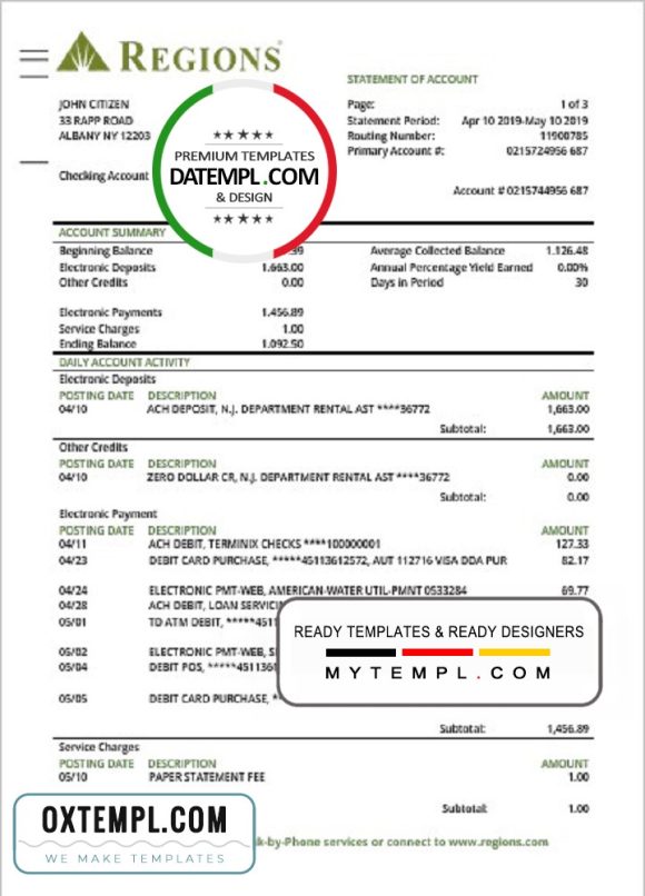 editable template, USA Regions bank proof of address statement template in Word and PDF format