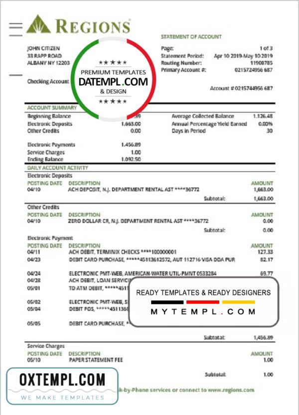 editable template, USA Regions bank proof of address statement template in Word and PDF format