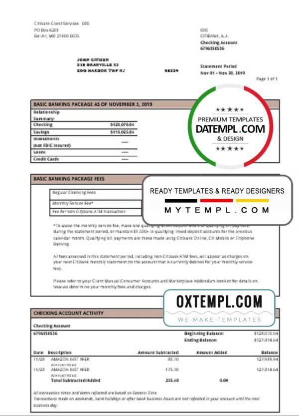 editable template, USA City Bank statement template in Word and PDF format