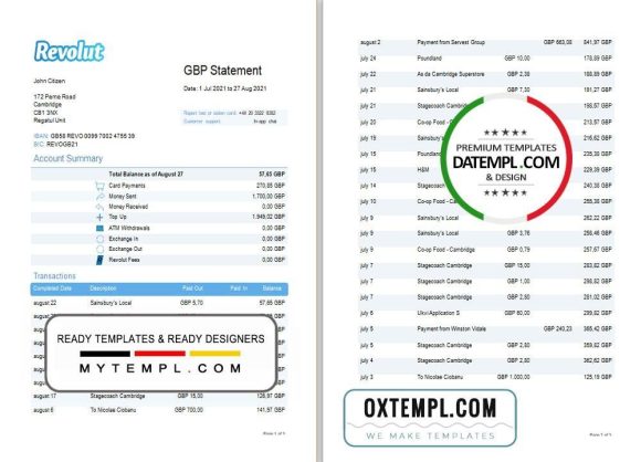 editable template, United Kingdom Revolut bank statement template in Word and PDF format (3 pages)