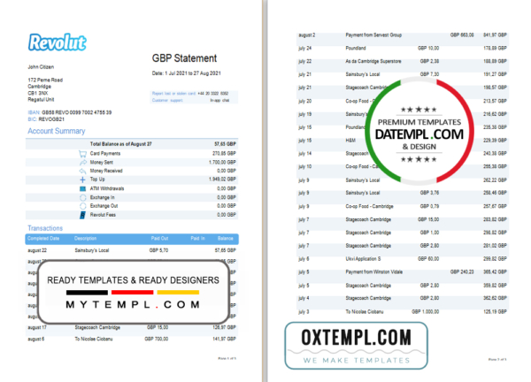 editable template, United Kingdom Revolut bank statement template in Word and PDF format (3 pages)