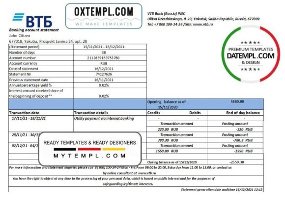 editable template, Russia VTB bank proof of address statement template in Word and PDF format
