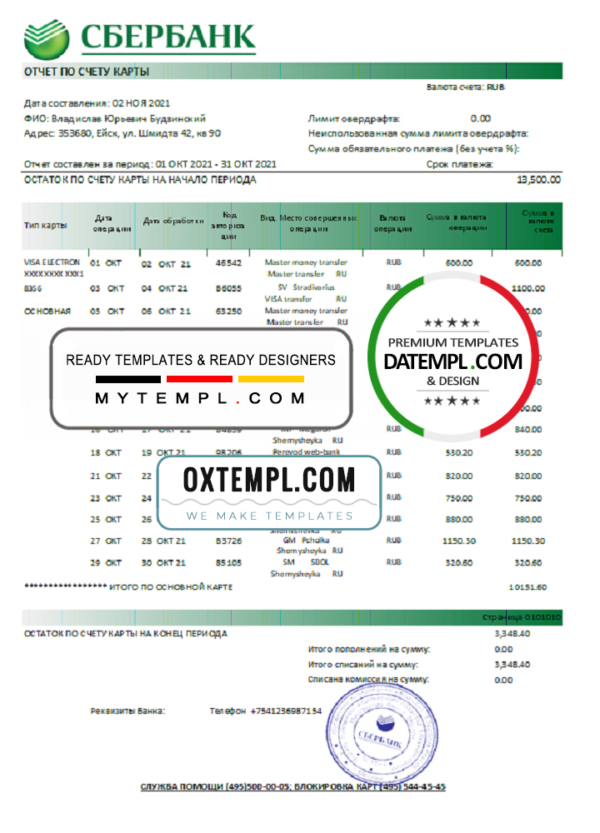 editable template, Russia Sberbank bank statement template in Word and PDF format