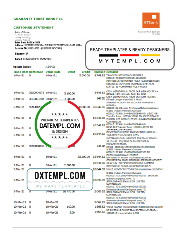 editable template, Nigeria GTBank proof of address bank statement template in Word and PDF format