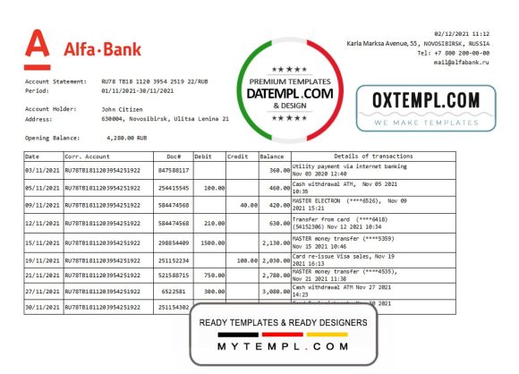 editable template, Russia Alfa bank proof of address statement template in Word and PDF format