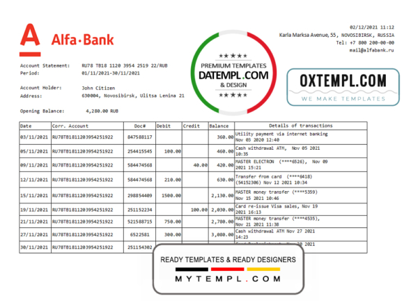 editable template, Russia Alfa bank proof of address statement template in Word and PDF format