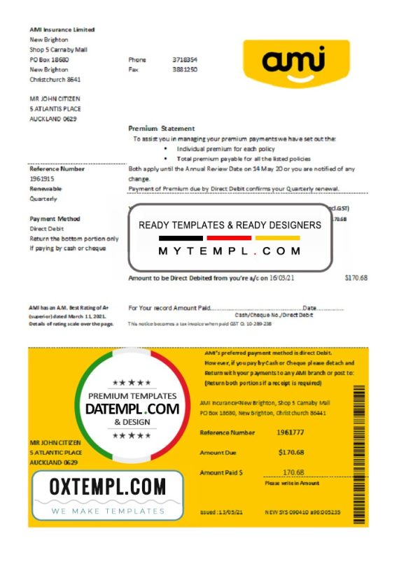 editable template, New Zealand AMI proof of address bank statement template, fully editable in PSD format