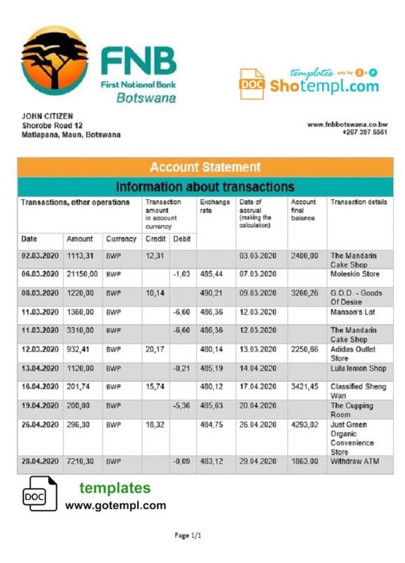 editable template, Botswana First National Bank statement template in Word and PDF format, good for address prove