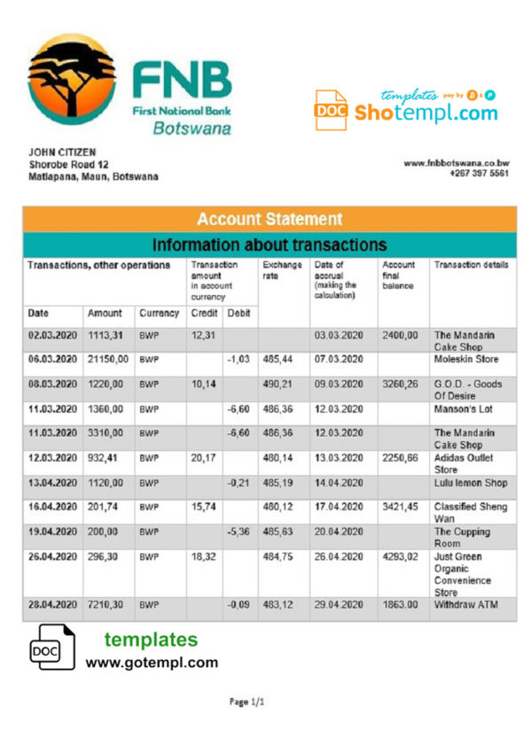 editable template, Botswana First National Bank statement template in Word and PDF format, good for address prove