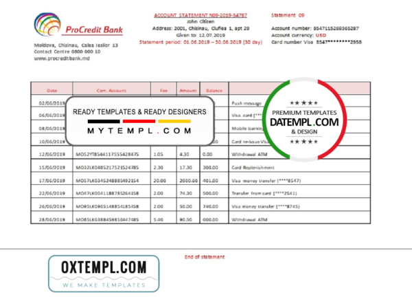 editable template, Moldova ProCredit Bank statement template in Word and PDF format
