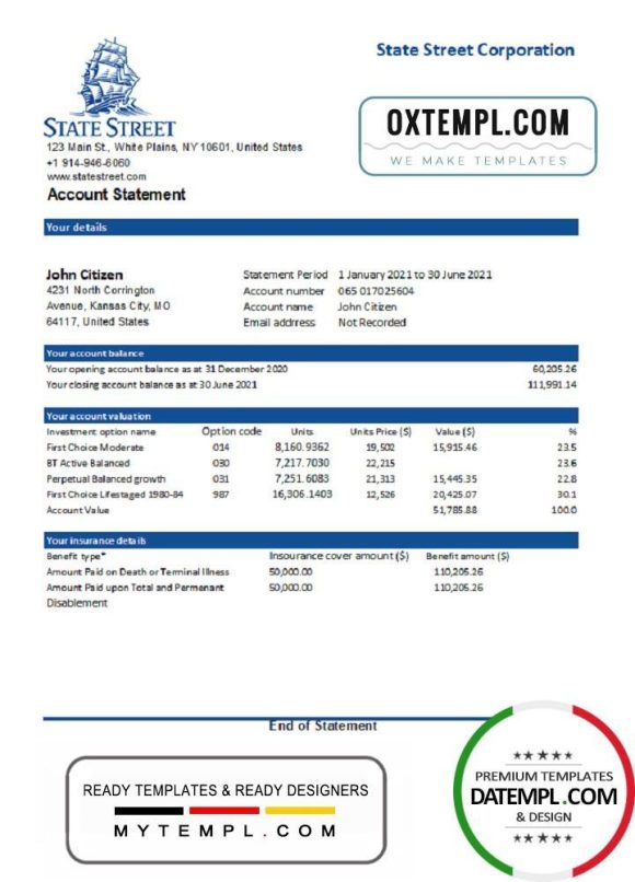 editable template, USA State Street Corporation bank statement template in Word and PDF format