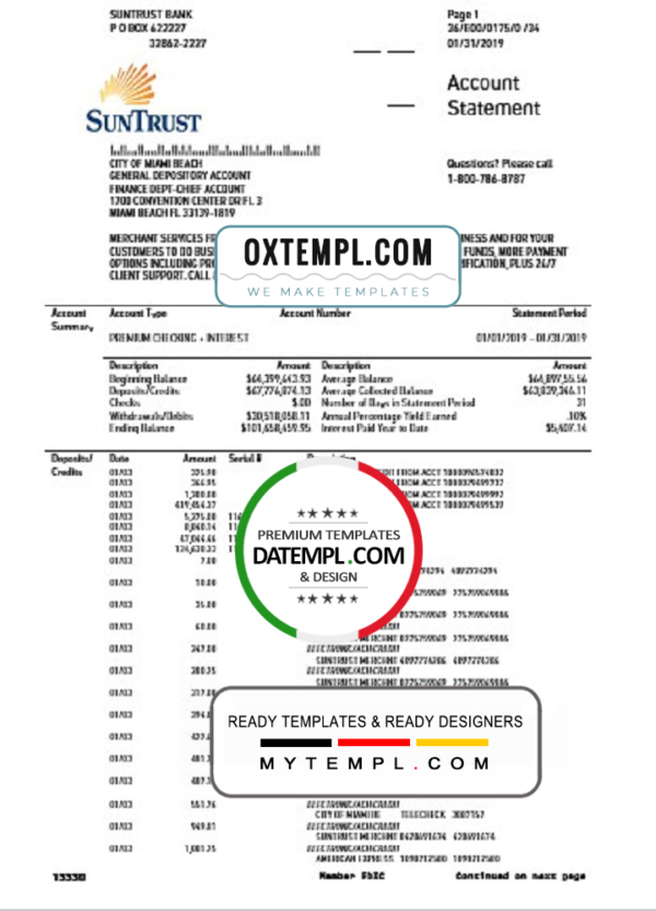 editable template, USA SunTrust bank proof of address statement template in Word and PDF format, .doc format