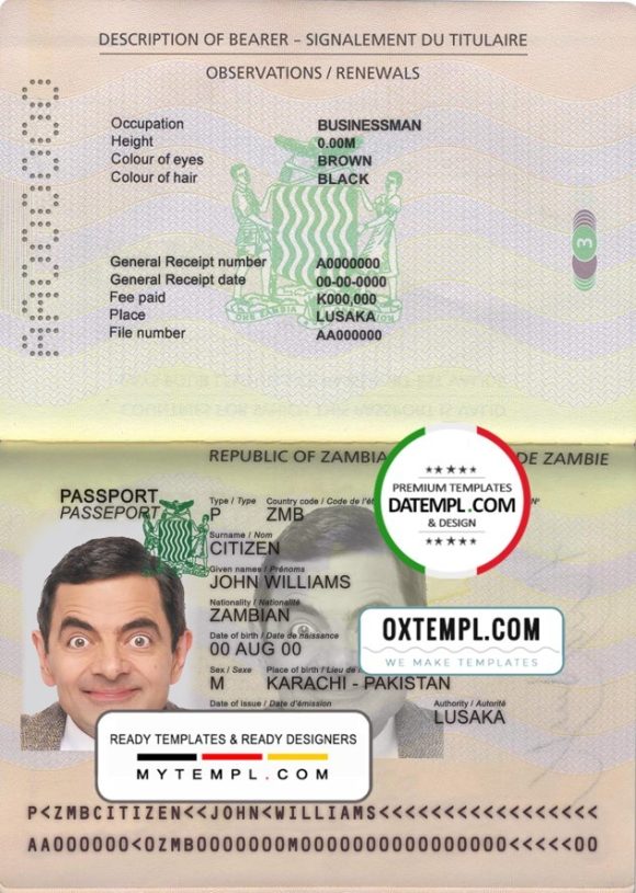 editable template, Zambia passport template in PSD format, fully editable