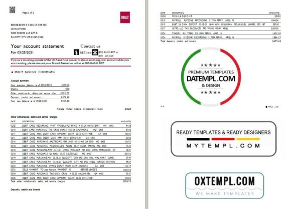 editable template, USA North Carolina BB&T Corp. bank statement template in Word and PDF format (2 pages)