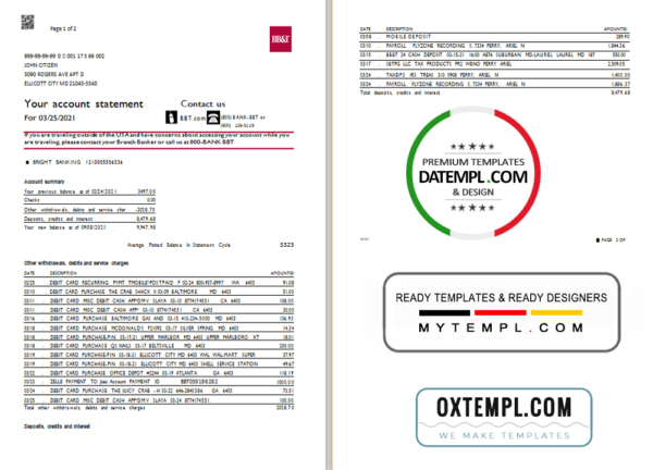 editable template, USA North Carolina BB&T Corp. bank statement template in Word and PDF format (2 pages)