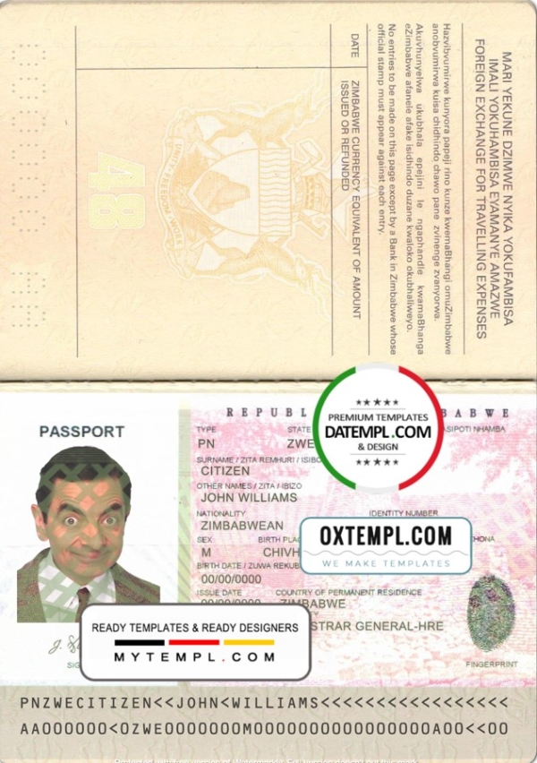editable template, Zimbabwe passport template in PSD format, fully editable with all fonts
