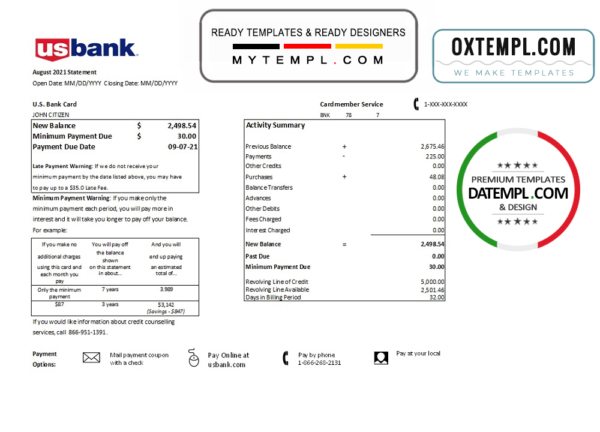 editable template, USA U.S. bank credit card statement template in .xls and .pdf file format