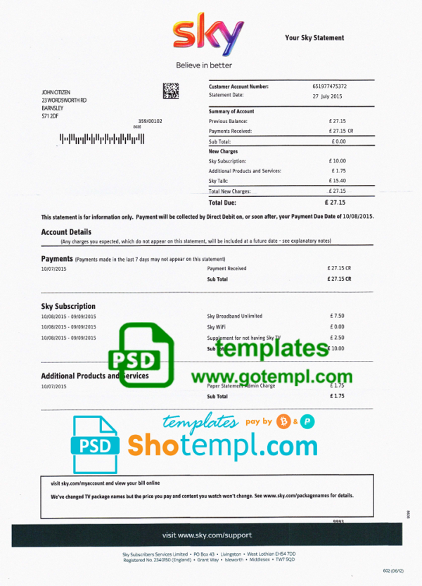 editable template, United Kingdom Sky utility bill template, fully editable in PSD format