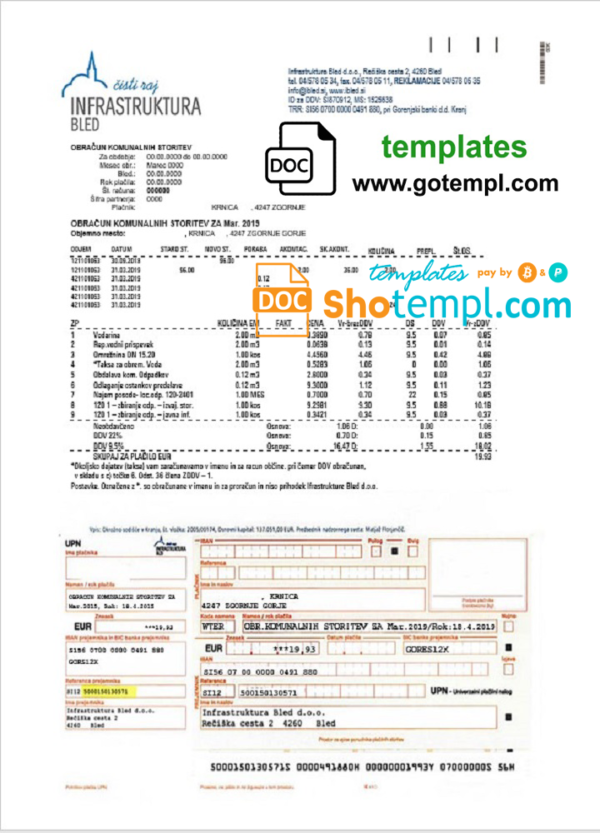 editable template, Slovenia Infrastruktura Bled utility bill template in Word and PDF format (.doc and .pdf)