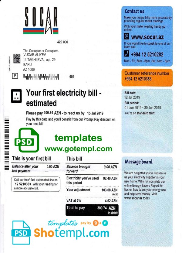 editable template, Azerbaijan Socar electricity utility bill template, fully editable in PSD format