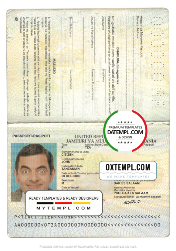 editable template, Tanzania passport template in PSD format, fully editable