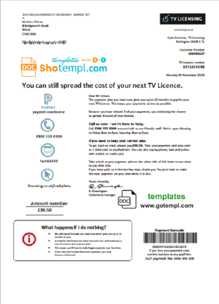 editable template, United Kingdom TV Licensing utility bill template in Word and PDF format