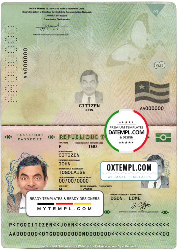 editable template, Togo passport template in PSD format