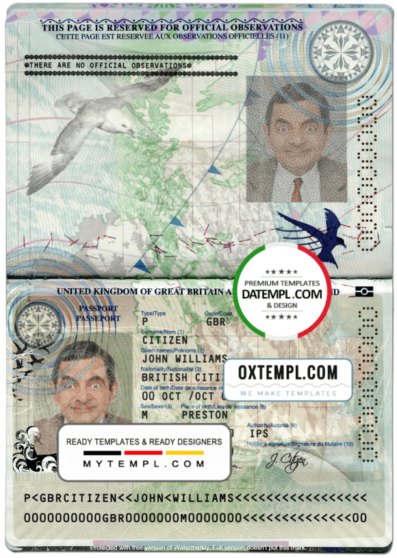 editable template, United Kingdom of Great Britain and Northern Ireland passport template in PSD format, fully editable (New version)