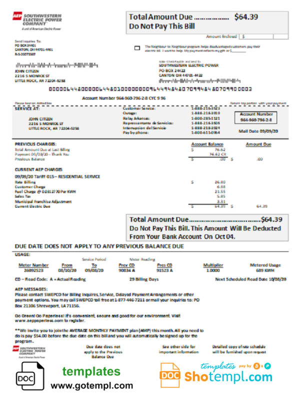 editable template, USA Louisiana AEP (Southwestern Electric Power Company) electricity utility bill template in Word and PDF format