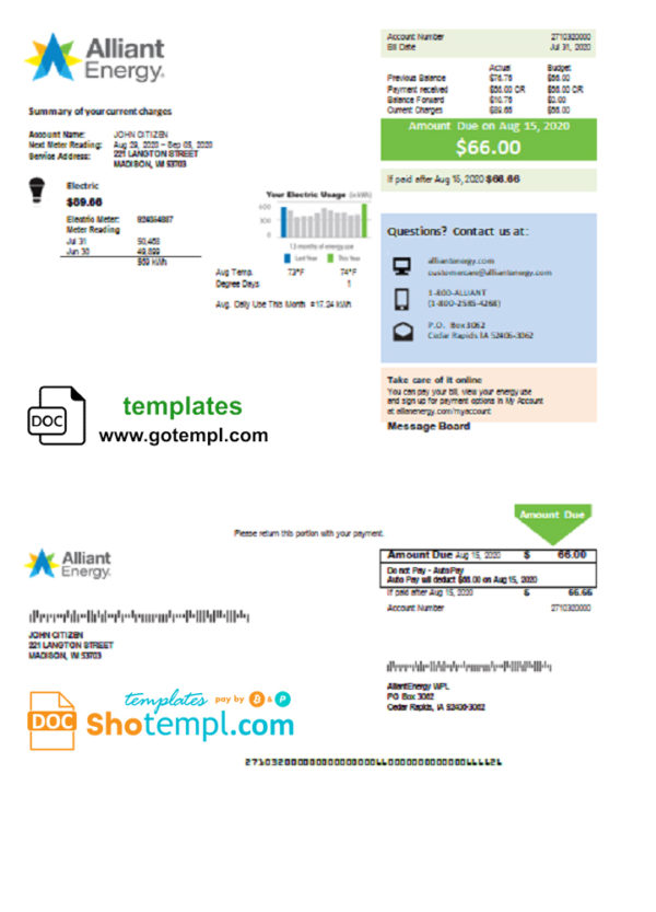 editable template, USA Wisconsin Alliant Energy electricity utility bill template in Word and PDF format