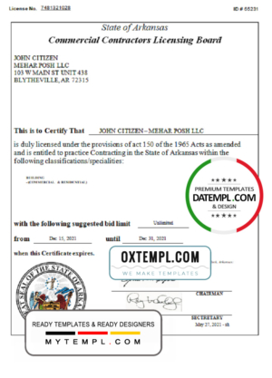 editable template, USA Arkansas Commercial Contractors License templates in Word and PDF format