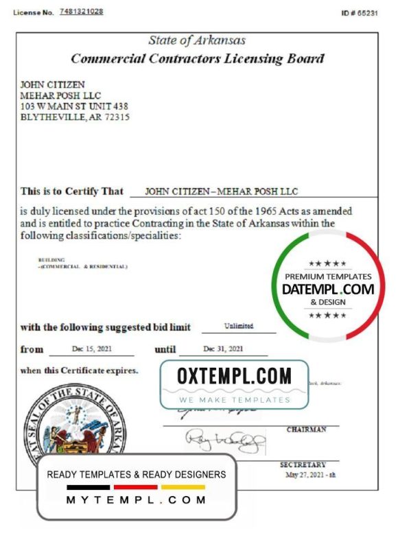 editable template, USA Arkansas Commercial Contractors License templates in Word and PDF format