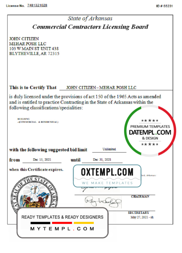 editable template, USA Arkansas Commercial Contractors License templates in Word and PDF format