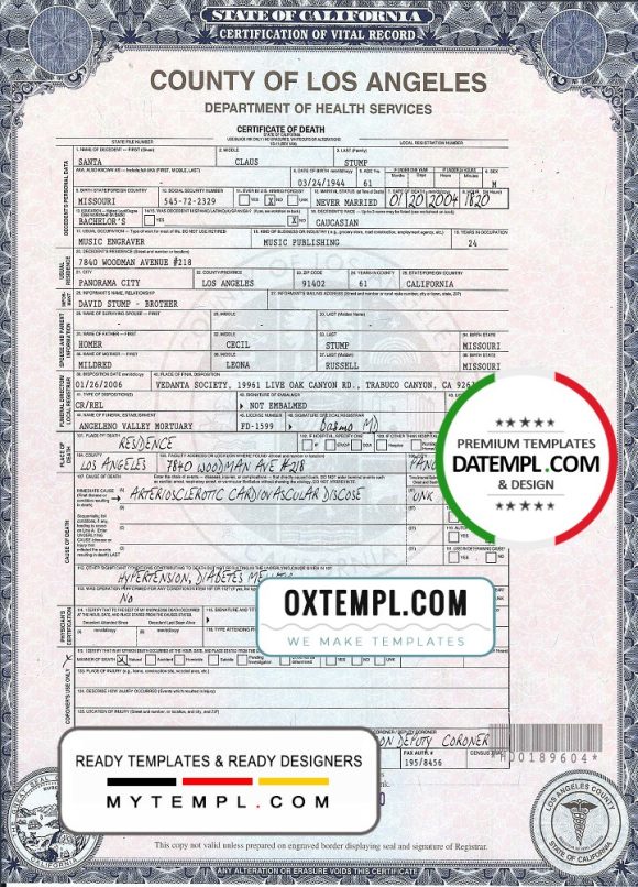 editable template, USA California Death Certificate template in PSD format