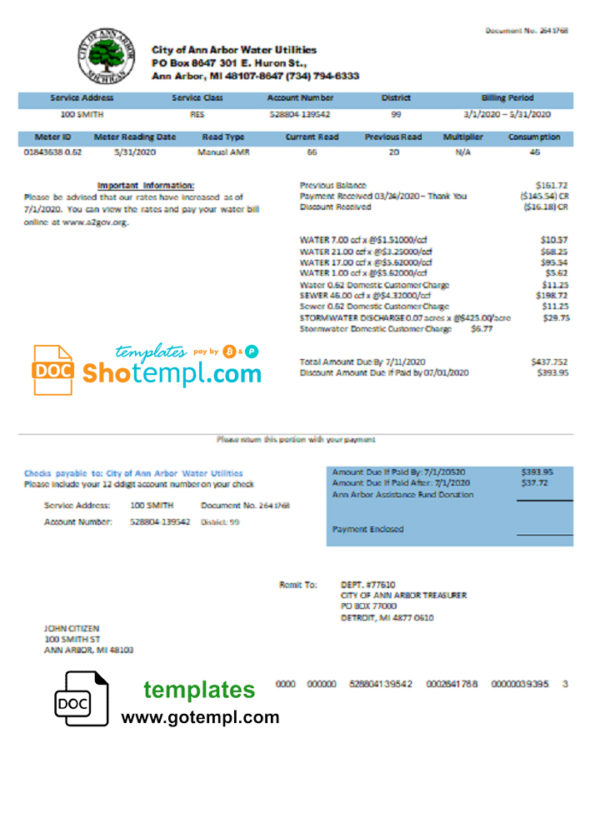 editable template, USA Michigan City of Ann Arbor Water Utilities bill template in Word and PDF format