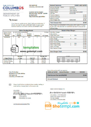 USA Ohio City of Columbus utility bill template in Word and PDF format