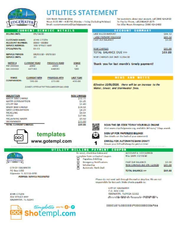 editable template, USA Florida City of Edgewater utility bill template in Word and PDF format