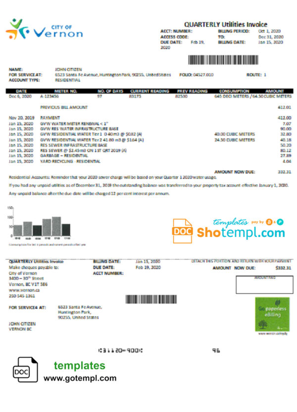 editable template, USA Canada City of Vernon water utility bill template in Word and PDF format