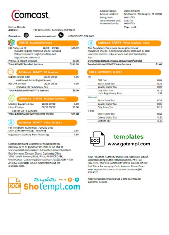 editable template, USA Utah Comcast utility bill template in Word and PDF format version 2
