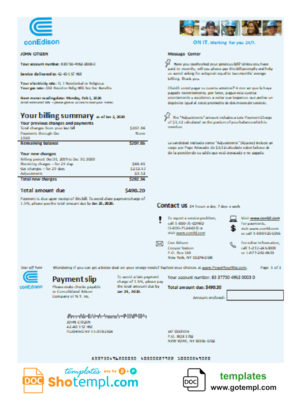 USA Con Edison electricity utility bill template in Word and PDF format