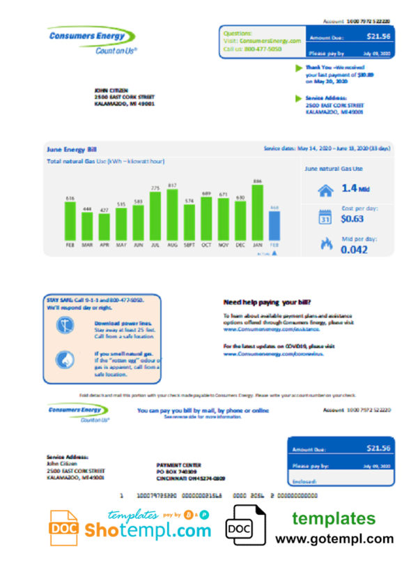 editable template, USA Michigan Consumers Energy utility bill template in Word and PDF format
