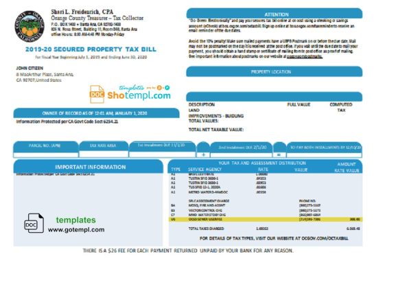 editable template, USA County of Orange California property tax bill template in Word and PDF format