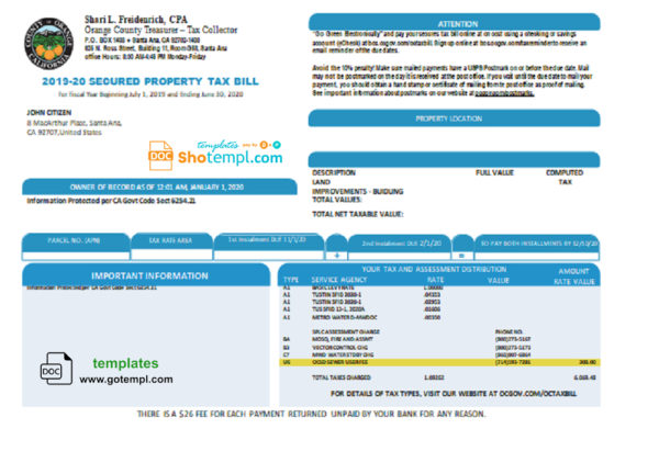 editable template, USA County of Orange California property tax bill template in Word and PDF format