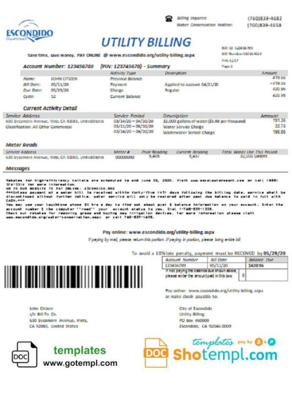 editable template, USA California Escondido City of Choice utility bill template in Word and PDF format